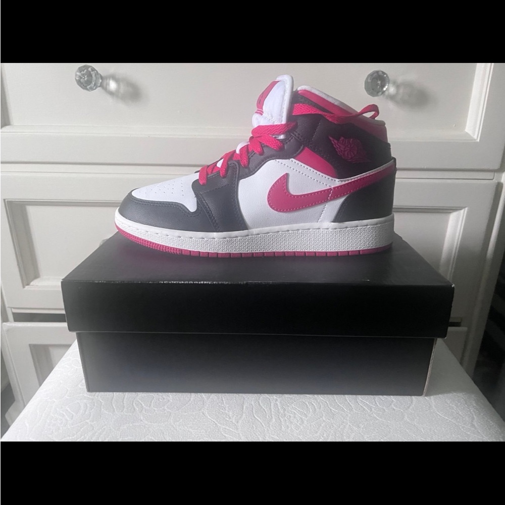 Air Jordan 1 Mid Kids Sneakers - White, Pink, and Black